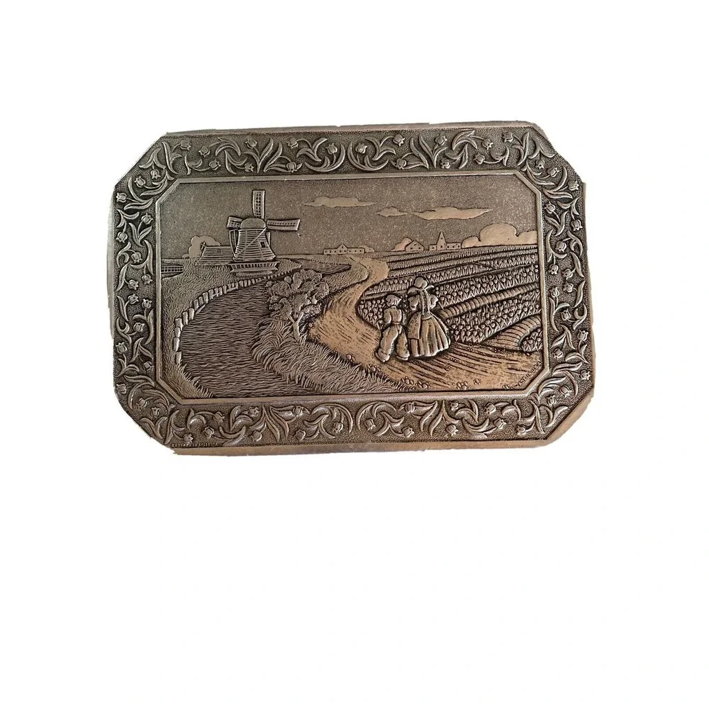 Metal Plaque Silver Dutch Landscape Windmill Tulip Field Embossed Art